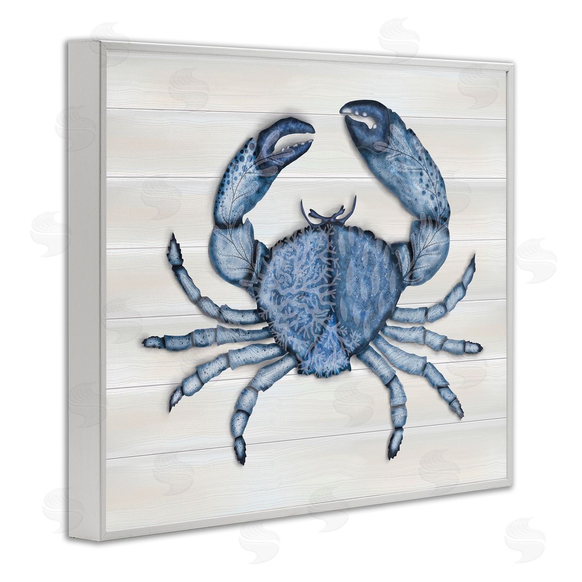 Darlene Seale Detailed Blue Crab Grainy Pattern Aquatic Botanicals  White Framed Giclee Wall Art Print
