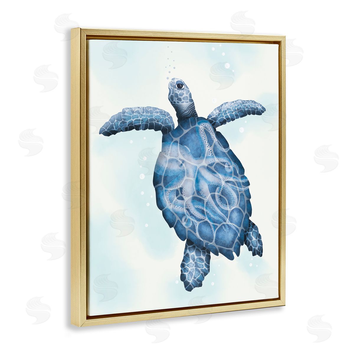 Darlene Seale Swimming Blue Sea Turtle Patterned Tentacles Shell  Gold Floating Frame Canvas Wall Art Print