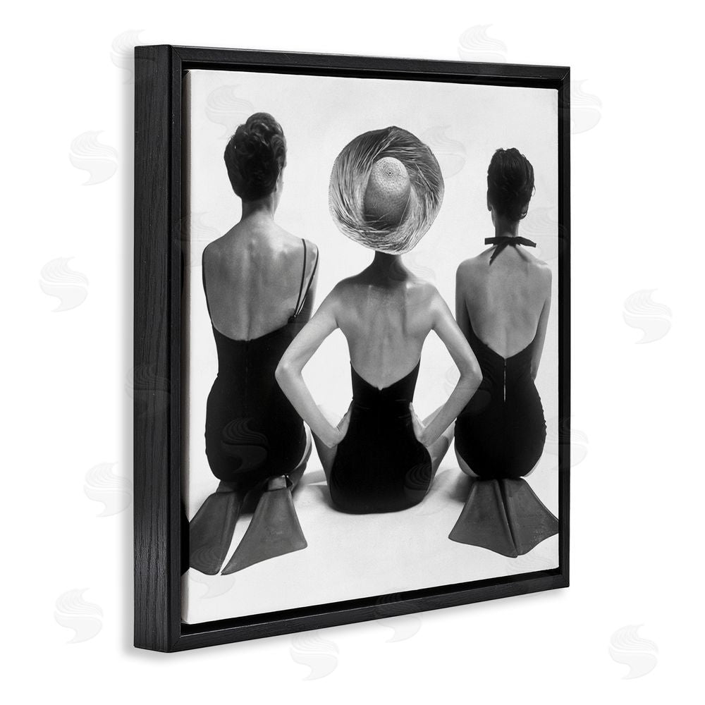 Graffitee Studios Women Sitting Beach Monochrome Vintage Swimsuits Flippers  Black Floating Frame Canvas Wall Art Print
