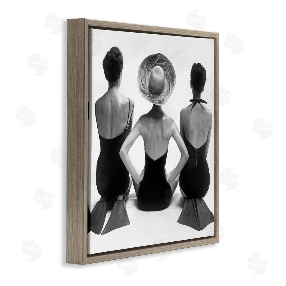 Graffitee Studios Women Sitting Beach Monochrome Vintage Swimsuits Flippers  Brown Floating Frame Canvas Wall Art Print
