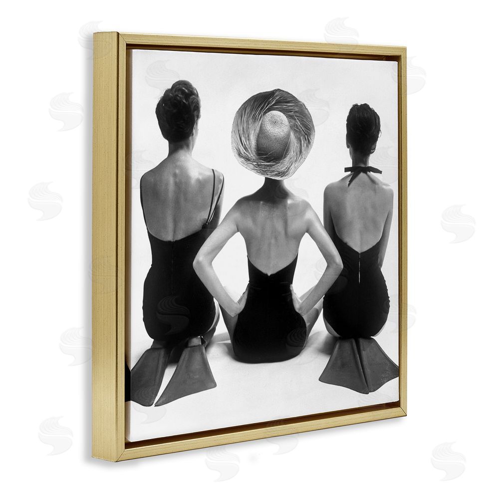 Graffitee Studios Women Sitting Beach Monochrome Vintage Swimsuits Flippers  Gold Floating Frame Canvas Wall Art Print