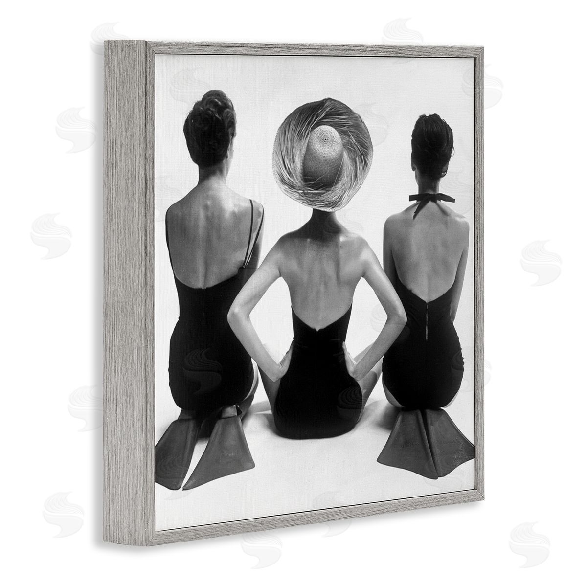 Graffitee Studios Women Sitting Beach Monochrome Vintage Swimsuits Flippers  Gray Framed Glicee Wall Art Print