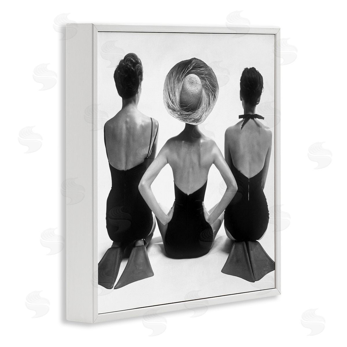 Graffitee Studios Women Sitting Beach Monochrome Vintage Swimsuits Flippers  White Framed Glicee Wall Art Print