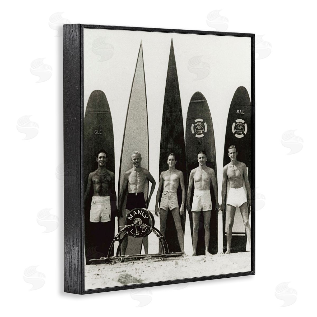 Graffitee Studios Vintage Photography Men Surfer Surfboards Beach Sport Black Framed Giclee Wall Art Print