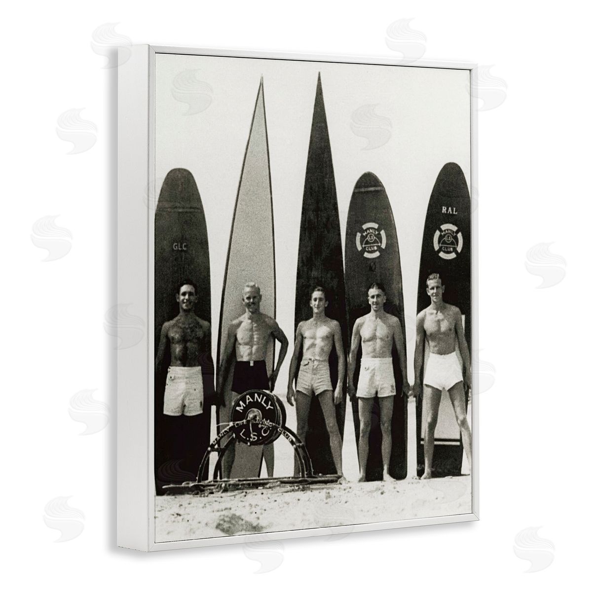 Graffitee Studios Vintage Photography Men Surfer Surfboards Beach Sport White Framed Giclee Wall Art Print