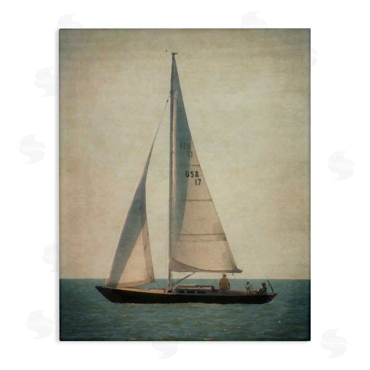 Graffitee Studios Lone Sailboat People Relaxing Quiet Ocean Landscape  Stretched Canvas Wall Art Print