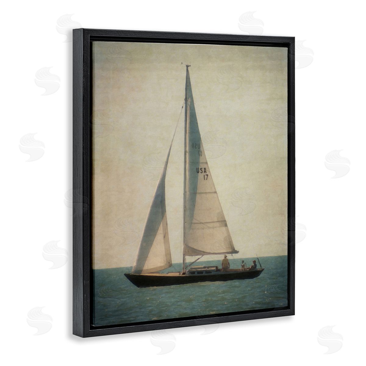 Graffitee Studios Lone Sailboat People Relaxing Quiet Ocean Landscape  Black Floating Frame Canvas Wall Art Print