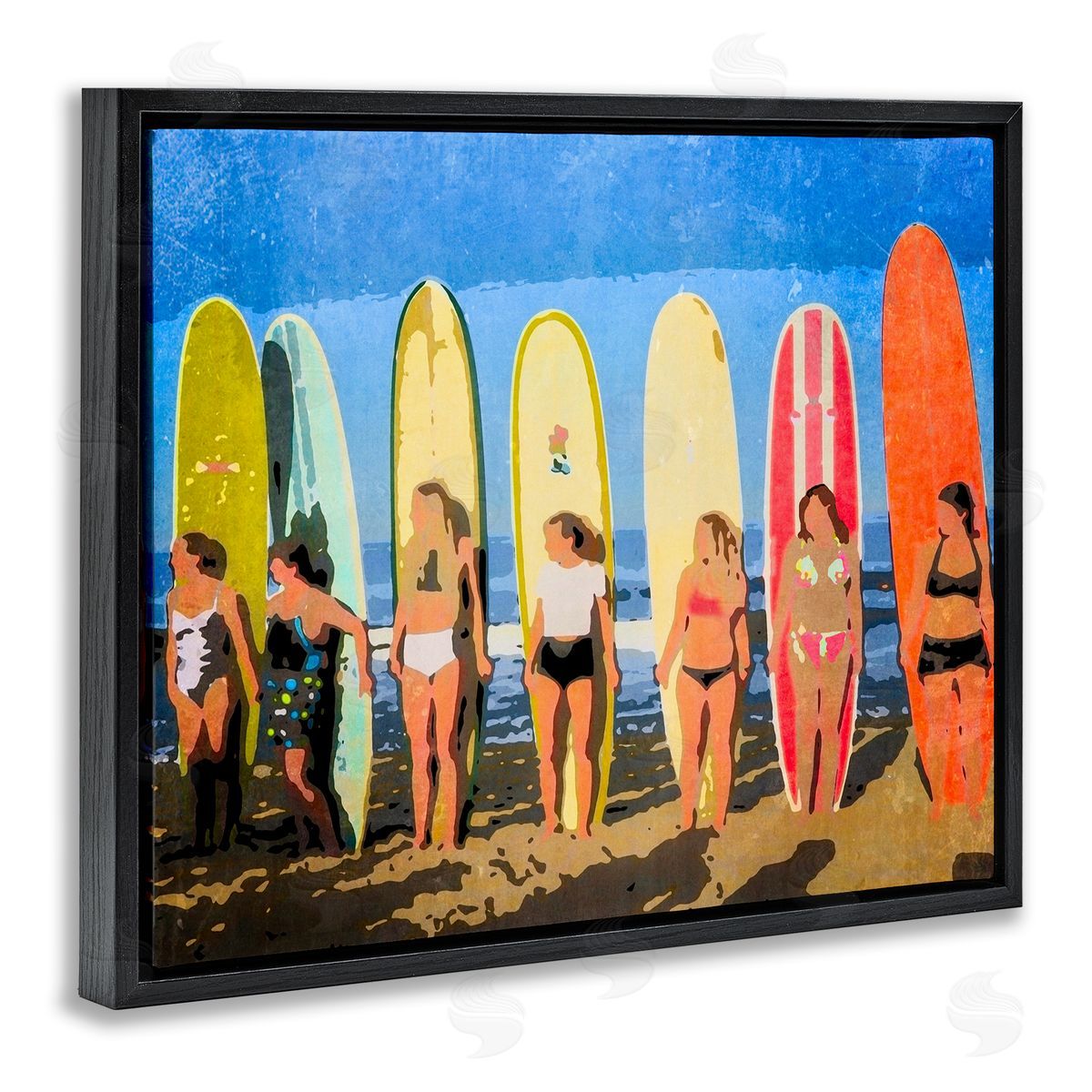 Graffitee Studios Modern Pop Women Surfing Ocean Sports  Black Floating Frame Canvas Wall Art Print