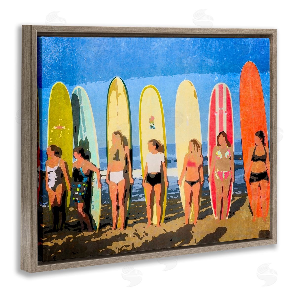 Graffitee Studios Modern Pop Women Surfing Ocean Sports  Brown Floating Frame Canvas Wall Art Print