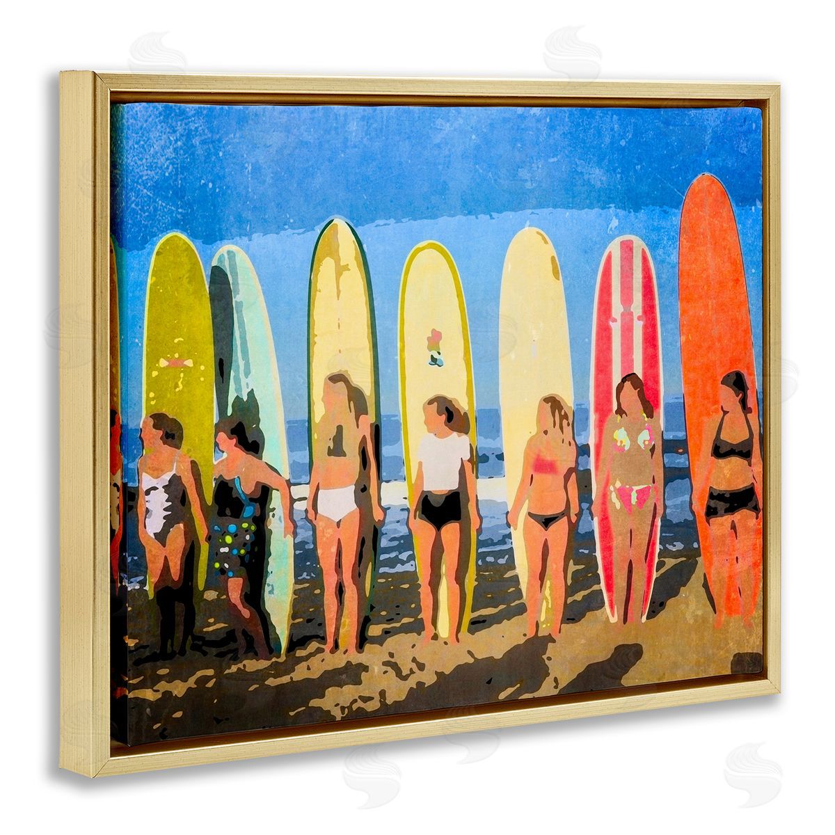 Graffitee Studios Modern Pop Women Surfing Ocean Sports  Gold Floating Frame Canvas Wall Art Print