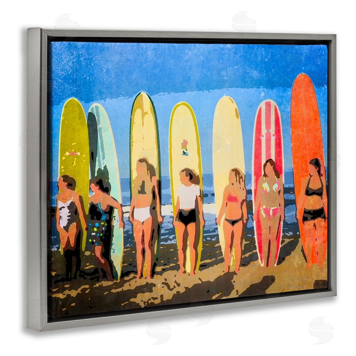 Graffitee Studios Modern Pop Women Surfing Ocean Sports  Gray Floating Frame Canvas Wall Art Print