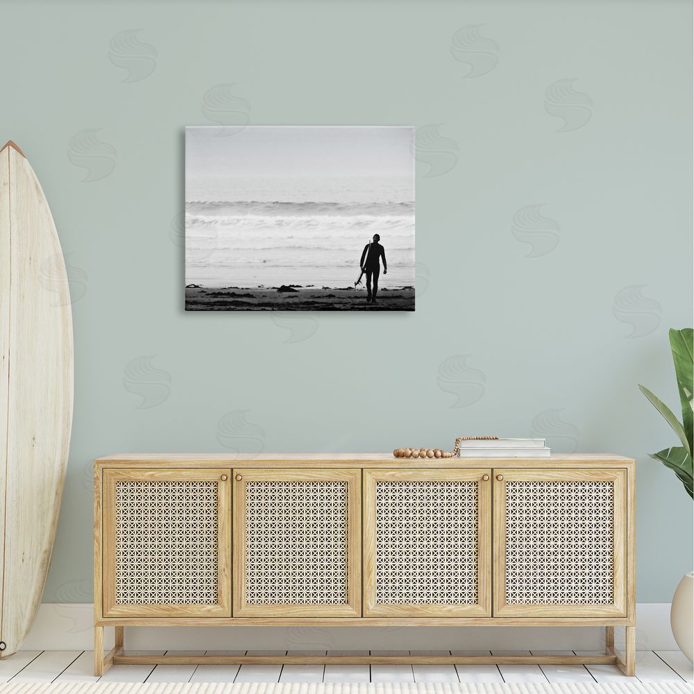 Graffitee Studios Surfer Silhouette Beach Stroll Distant Ocean Waves  Canvas Wall Art Print in Room