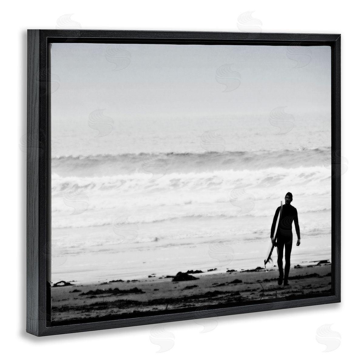 Graffitee Studios Surfer Silhouette Beach Stroll Distant Ocean Waves  Black Floating Frame Canvas Wall Art Print