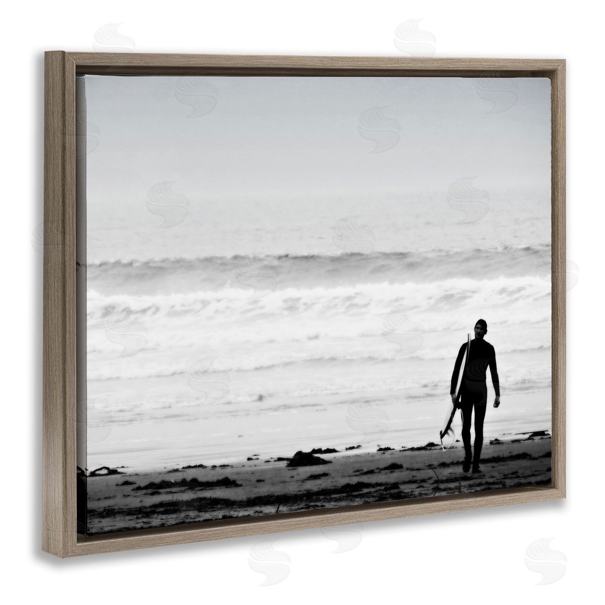 Graffitee Studios Surfer Silhouette Beach Stroll Distant Ocean Waves  Brown Floating Frame Canvas Wall Art Print