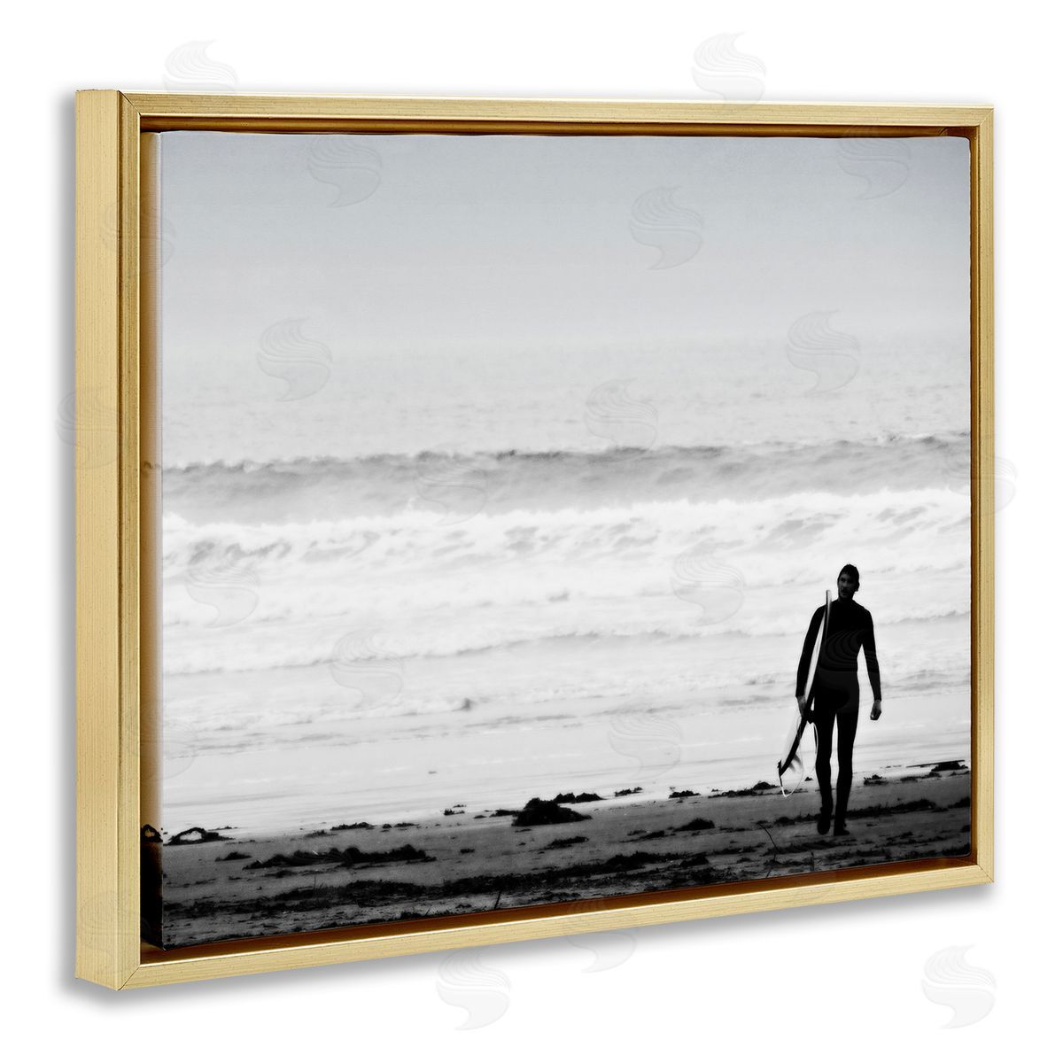 Graffitee Studios Surfer Silhouette Beach Stroll Distant Ocean Waves  Gold Floating Frame Canvas Wall Art Print
