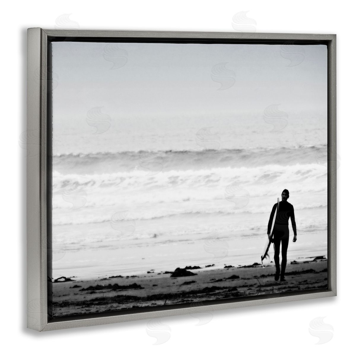 Graffitee Studios Surfer Silhouette Beach Stroll Distant Ocean Waves  Gray Floating Frame Canvas Wall Art Print