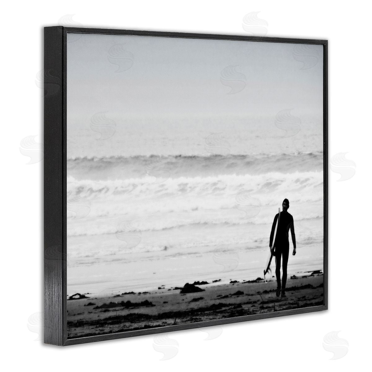 Graffitee Studios Surfer Silhouette Beach Stroll Distant Ocean Waves  Black Framed Giclee Wall Art Print