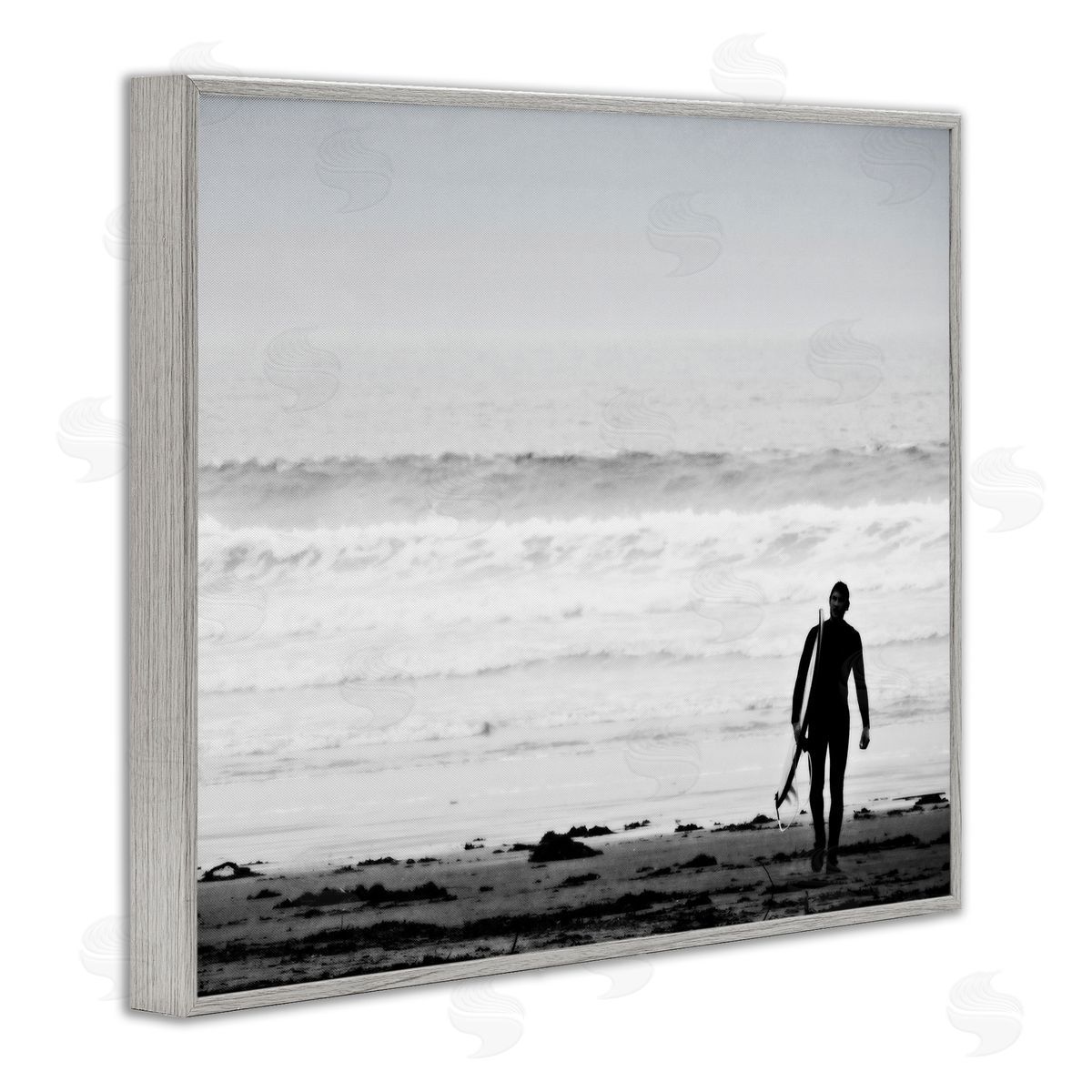 Graffitee Studios Surfer Silhouette Beach Stroll Distant Ocean Waves  Gray Framed Giclee Wall Art Print
