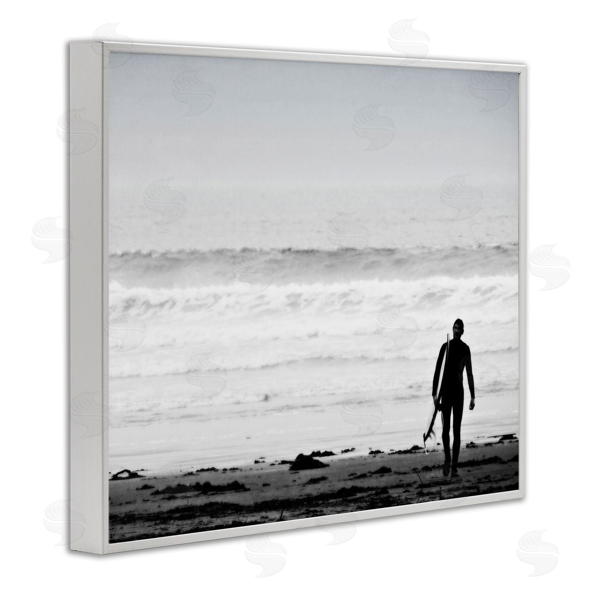 Graffitee Studios Surfer Silhouette Beach Stroll Distant Ocean Waves  White Framed Giclee Wall Art Print