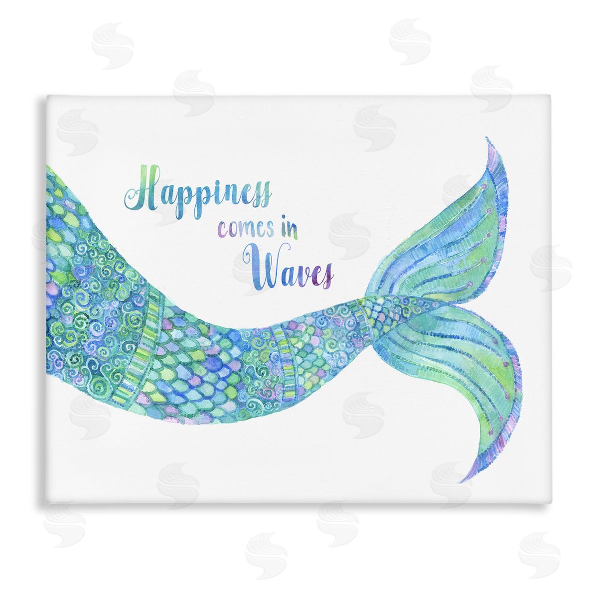 Jackie Decker Happiness Comes in Waves Detailed Mermaid Tail Sentiment Stretched Canvas Wall Art Print