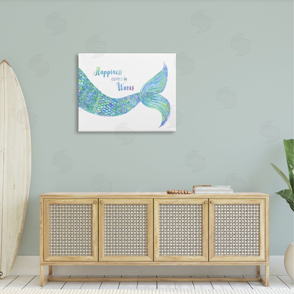 Jackie Decker Happiness Comes in Waves Detailed Mermaid Tail Sentiment Canvas Wall Art Print in Room