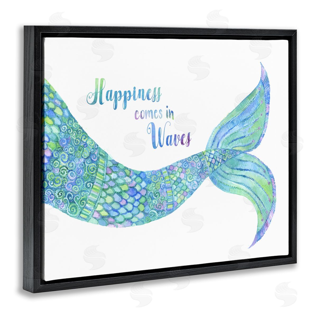 Jackie Decker Happiness Comes in Waves Detailed Mermaid Tail Sentiment Black Floating Frame Canvas Wall Art Print