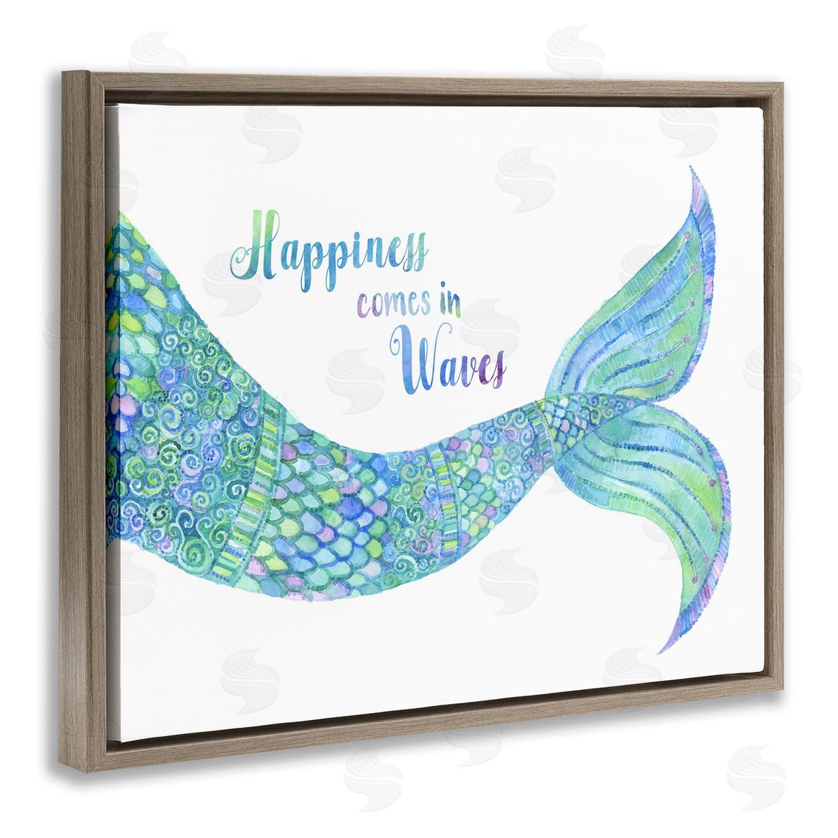 Jackie Decker Happiness Comes in Waves Detailed Mermaid Tail Sentiment Brown Floating Frame Canvas Wall Art Print
