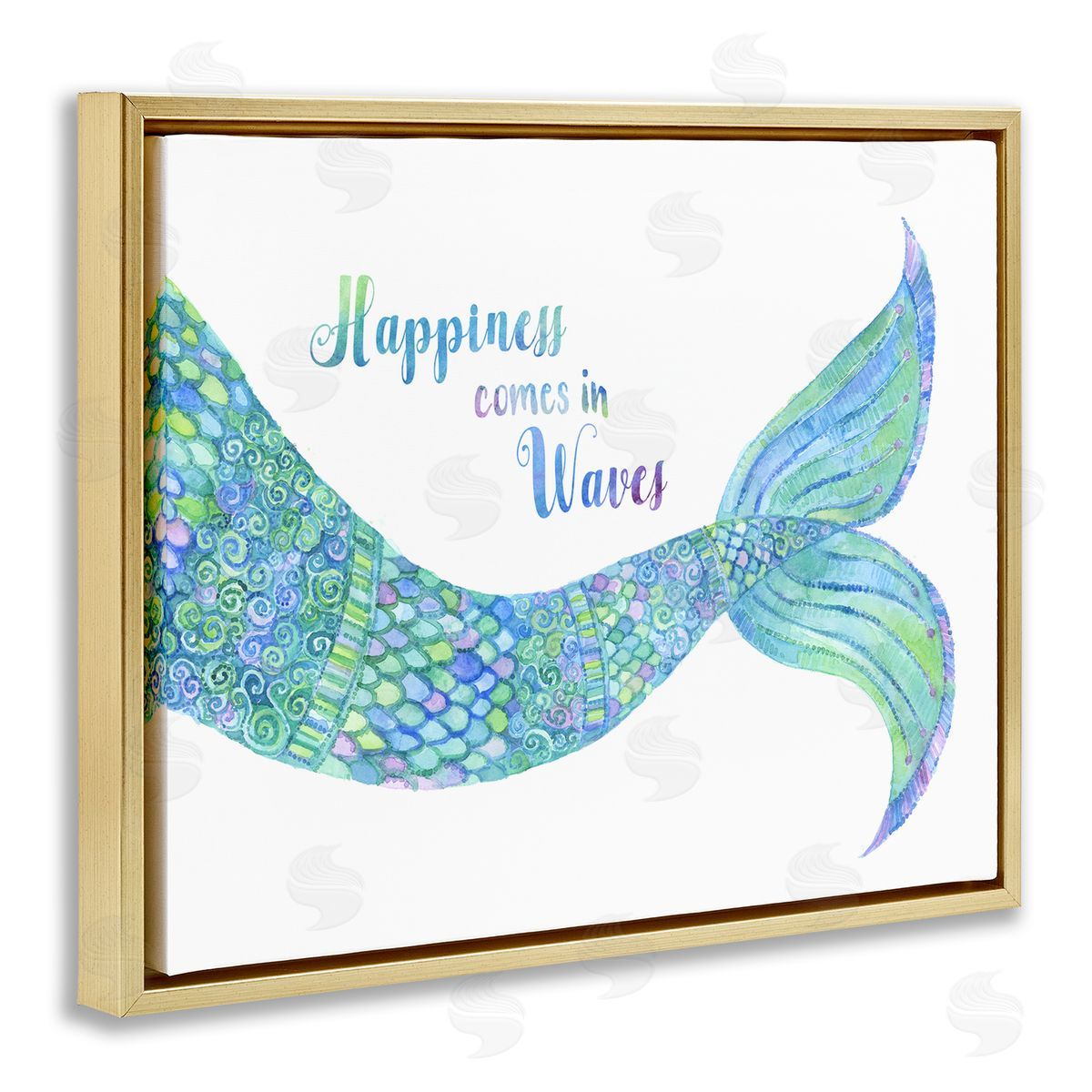 Jackie Decker Happiness Comes in Waves Detailed Mermaid Tail Sentiment Gold Floating Frame Canvas Wall Art Print