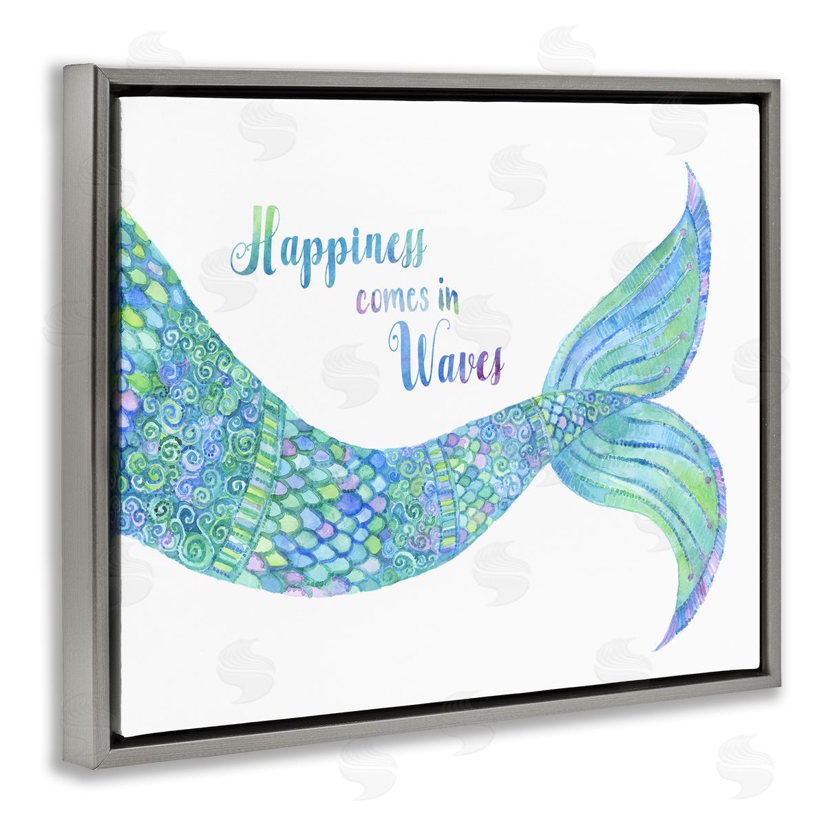 Jackie Decker Happiness Comes in Waves Detailed Mermaid Tail Sentiment Gray Floating Frame Canvas Wall Art Print
