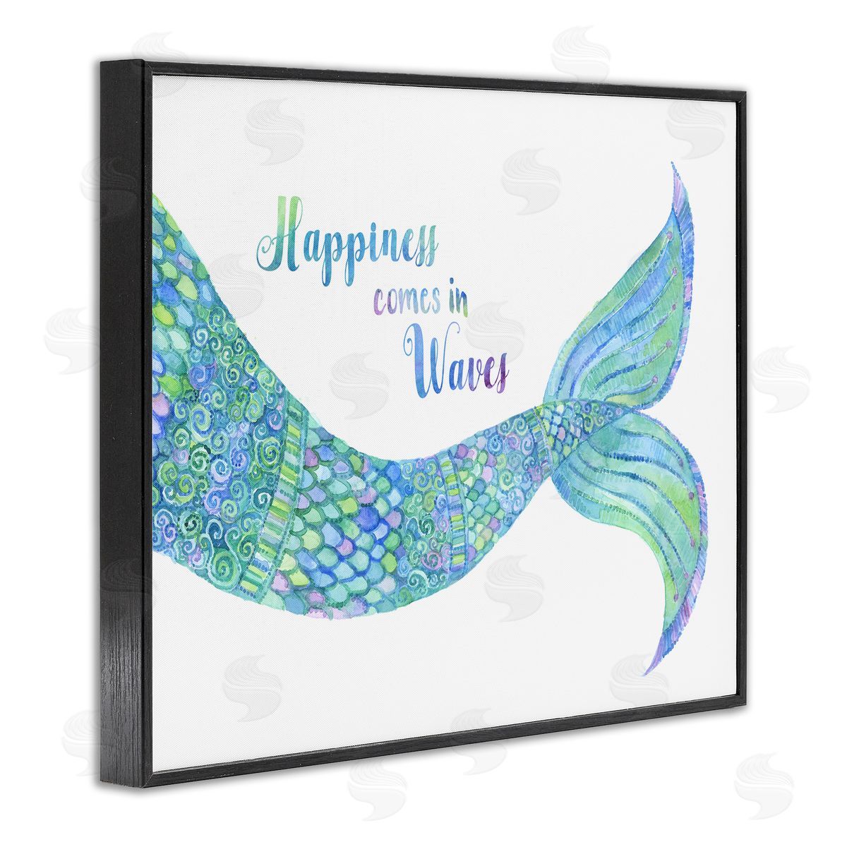 Jackie Decker Happiness Comes in Waves Detailed Mermaid Tail Sentiment Black Framed Giclee Wall Art Print