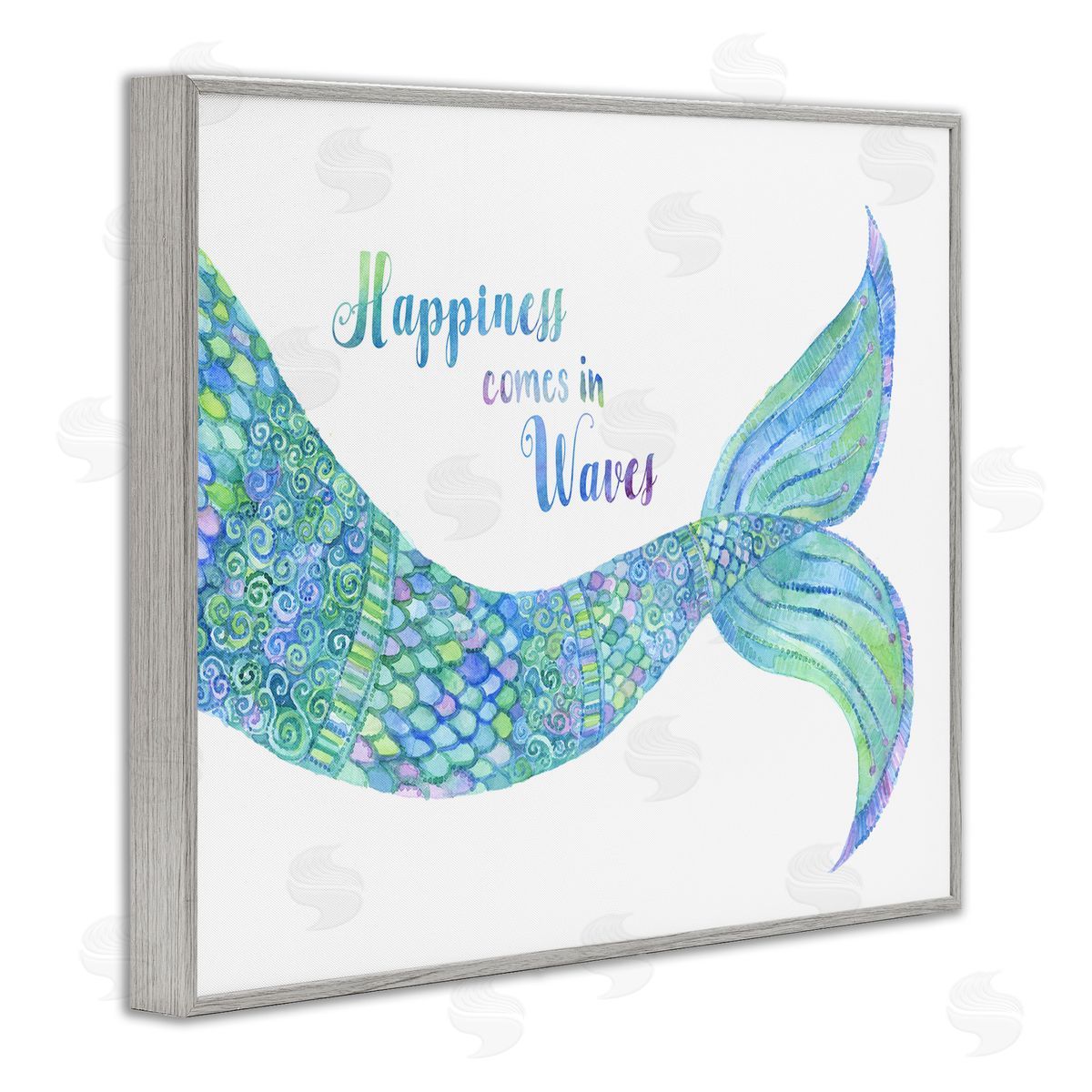 Jackie Decker Happiness Comes in Waves Detailed Mermaid Tail Sentiment Gray Framed Giclee Wall Art Print