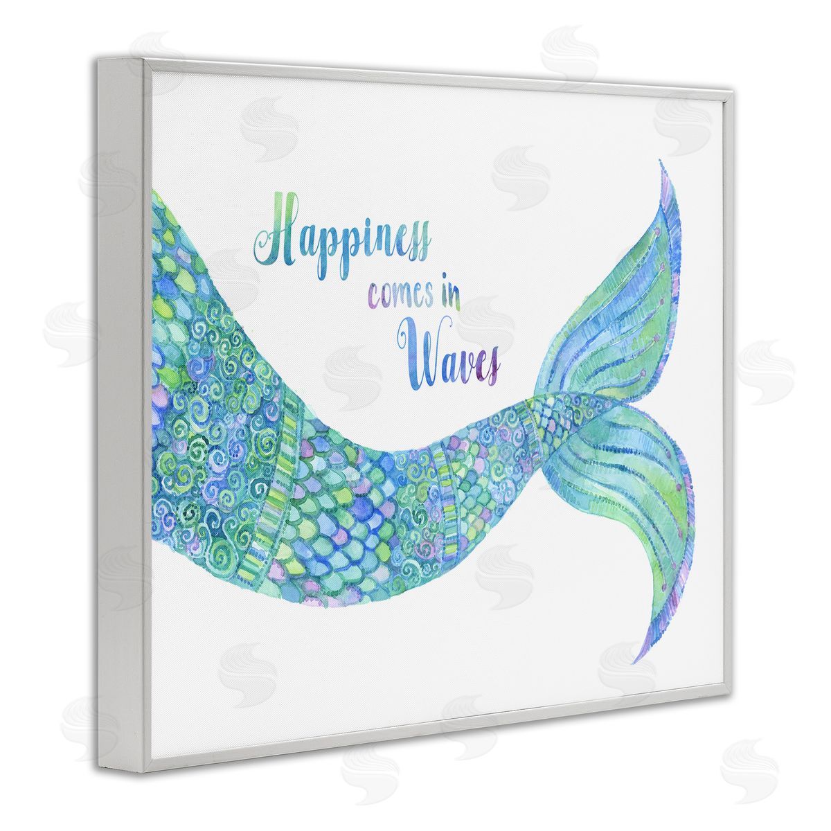 Jackie Decker Happiness Comes in Waves Detailed Mermaid Tail Sentiment White Framed Giclee Wall Art Print
