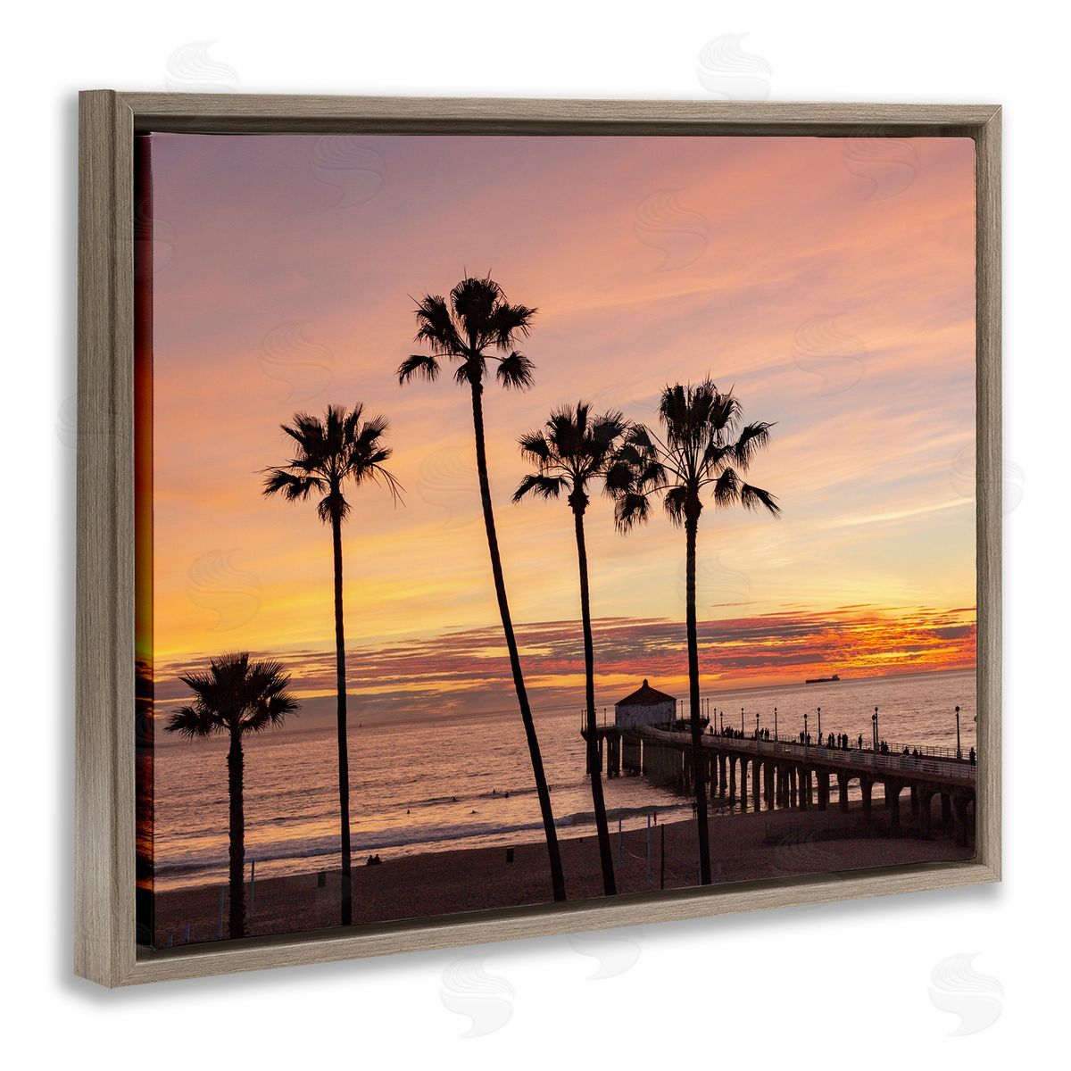 Jeff Poe Photography Tropical Palm Tree Sunset Summer Pier Docks Brown Floating Frame Canvas Wall Art Print