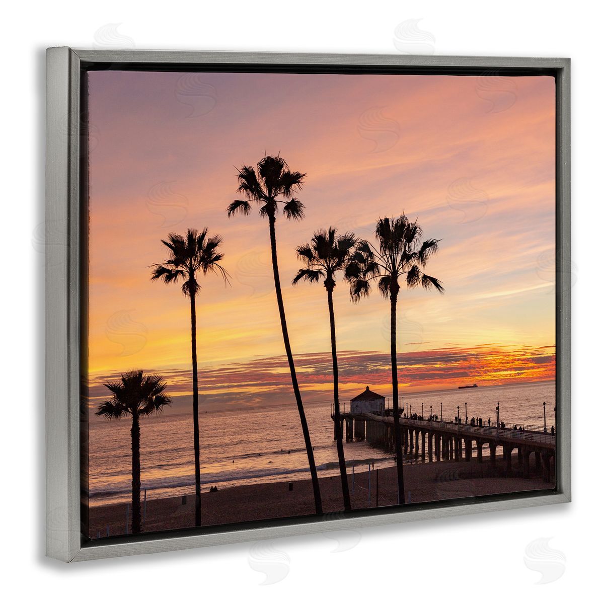 Jeff Poe Photography Tropical Palm Tree Sunset Summer Pier Docks Gray Floating Frame Canvas Wall Art Print