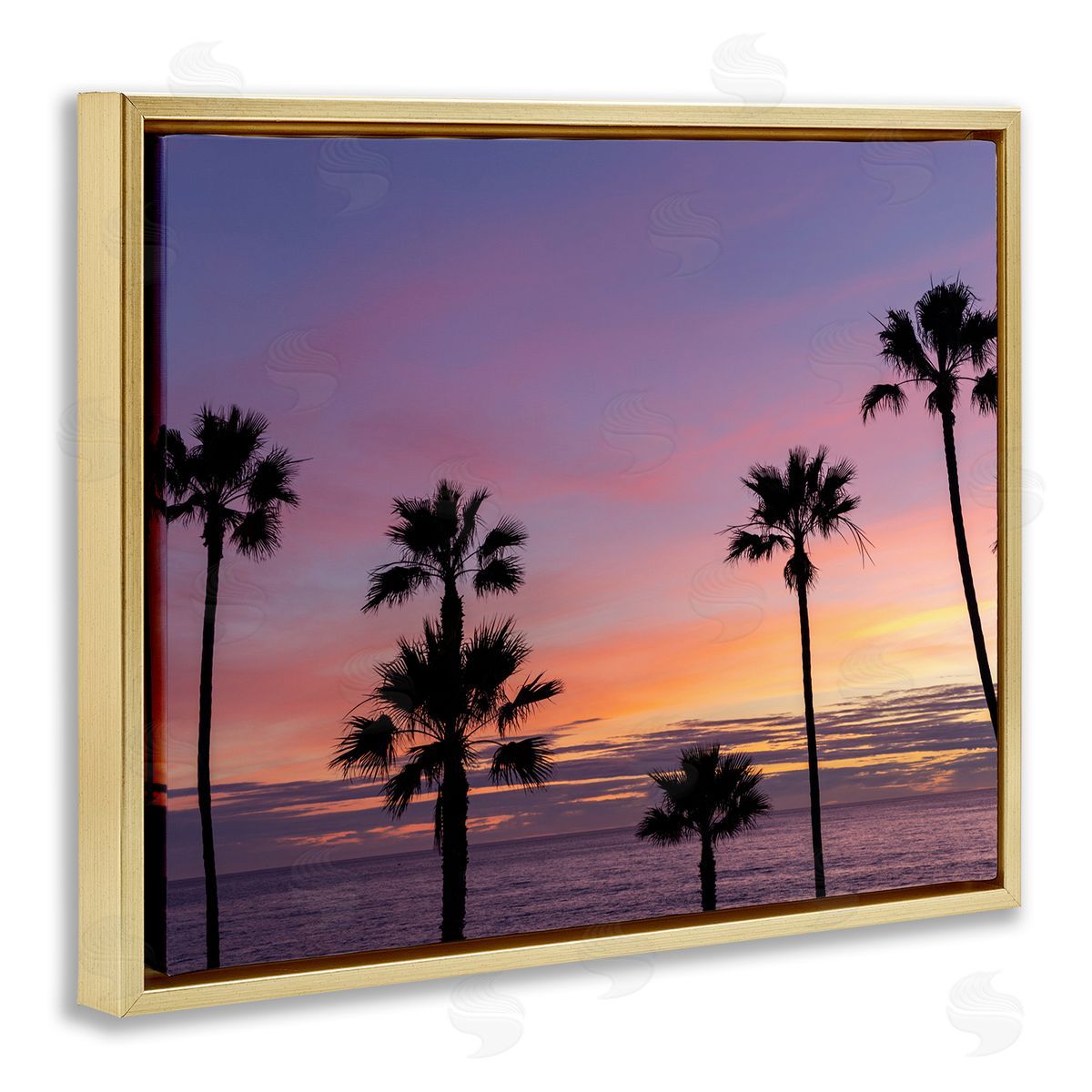 Jeff Poe Photography Purple Sunrise Sky Tall Palm Trees Silhouettes  Gold Floating Frame Canvas Wall Art Print