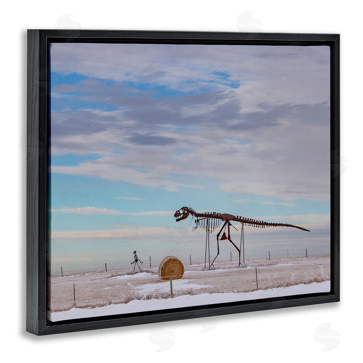Jeff Poe Photography Person Walking Dinosaur Skeleton Beach Sand Dunes Black Floating Frame Canvas Wall Art Print