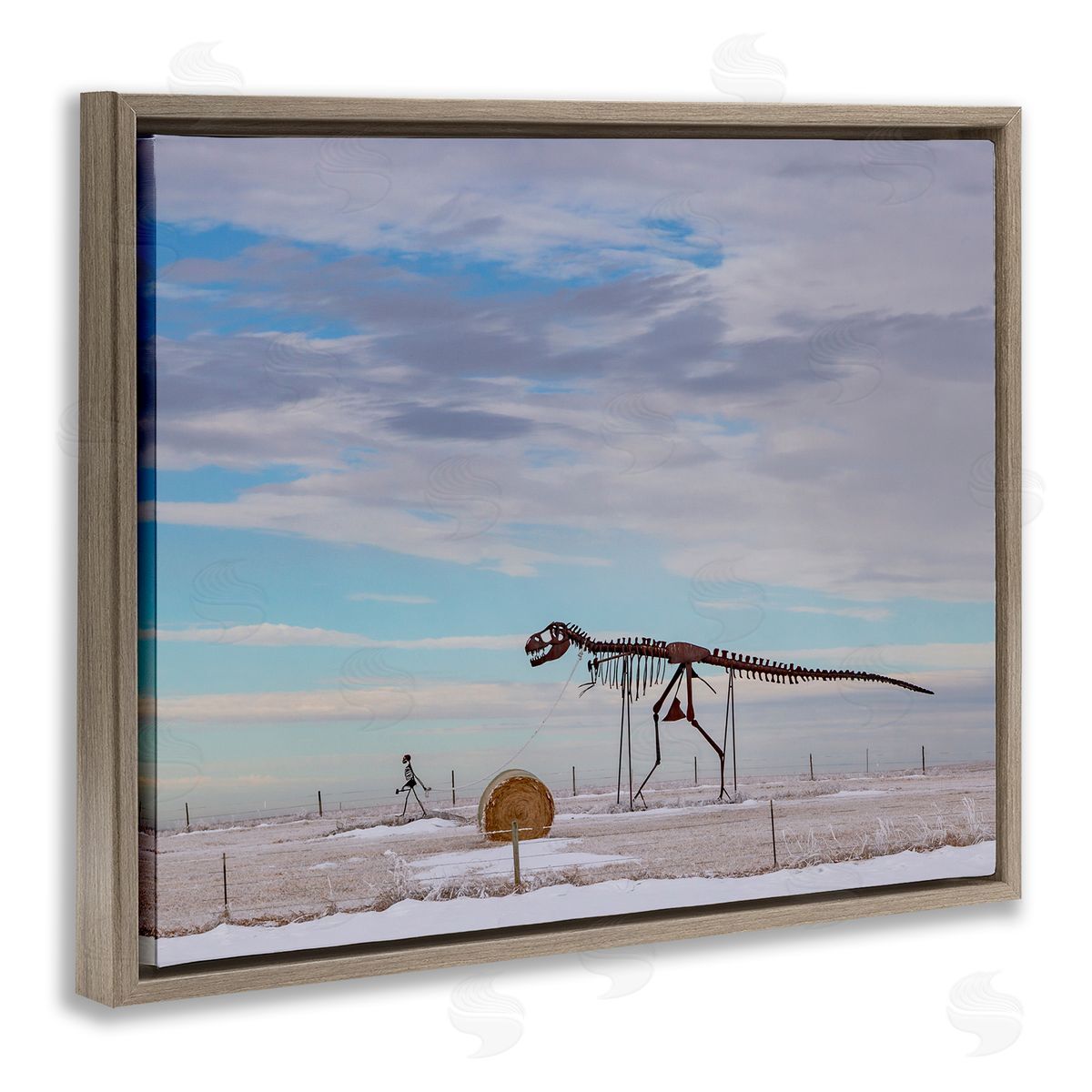 Jeff Poe Photography Person Walking Dinosaur Skeleton Beach Sand Dunes Brown Floating Frame Canvas Wall Art Print