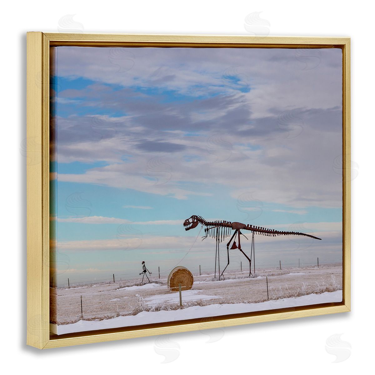 Jeff Poe Photography Person Walking Dinosaur Skeleton Beach Sand Dunes Gold Floating Frame Canvas Wall Art Print