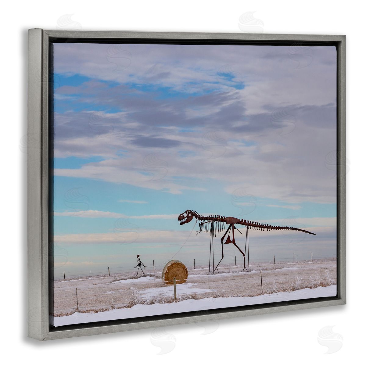 Jeff Poe Photography Person Walking Dinosaur Skeleton Beach Sand Dunes Gray Floating Frame Canvas Wall Art Print