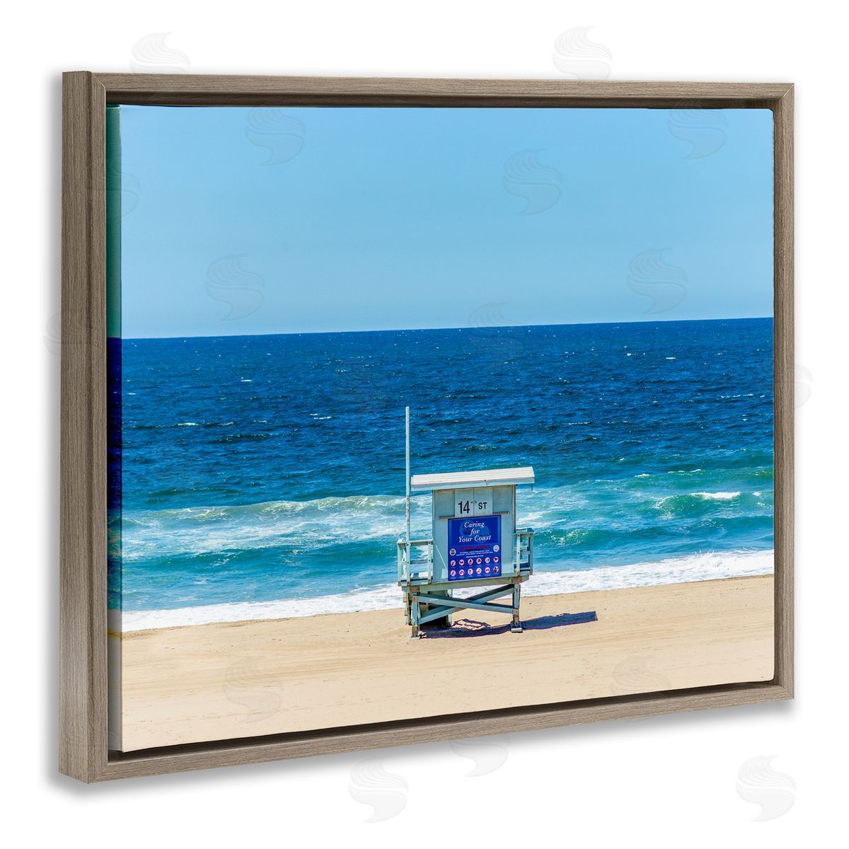 Jeff Poe Photography Vivid Blue Beach Water Waves Coastline Hut  Brown Floating Frame Canvas Wall Art Print