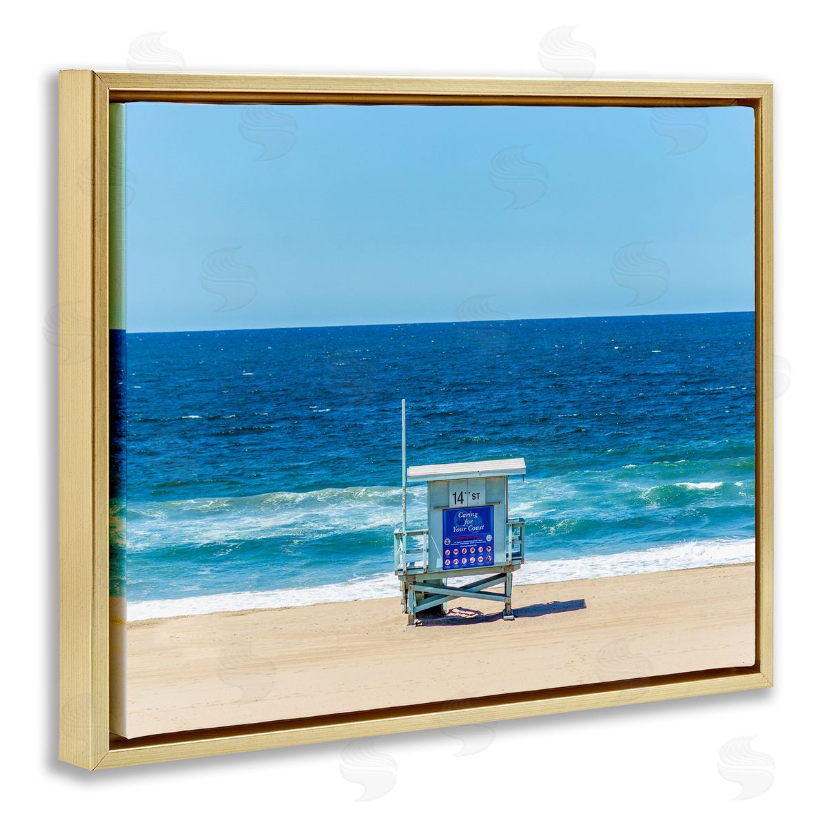 Jeff Poe Photography Vivid Blue Beach Water Waves Coastline Hut  Gold Floating Frame Canvas Wall Art Print