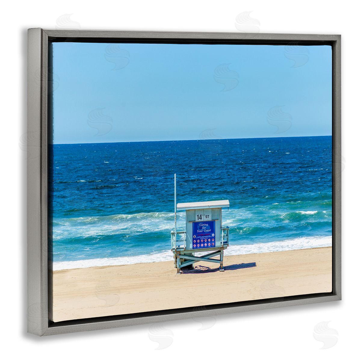 Jeff Poe Photography Vivid Blue Beach Water Waves Coastline Hut  Gray Floating Frame Canvas Wall Art Print