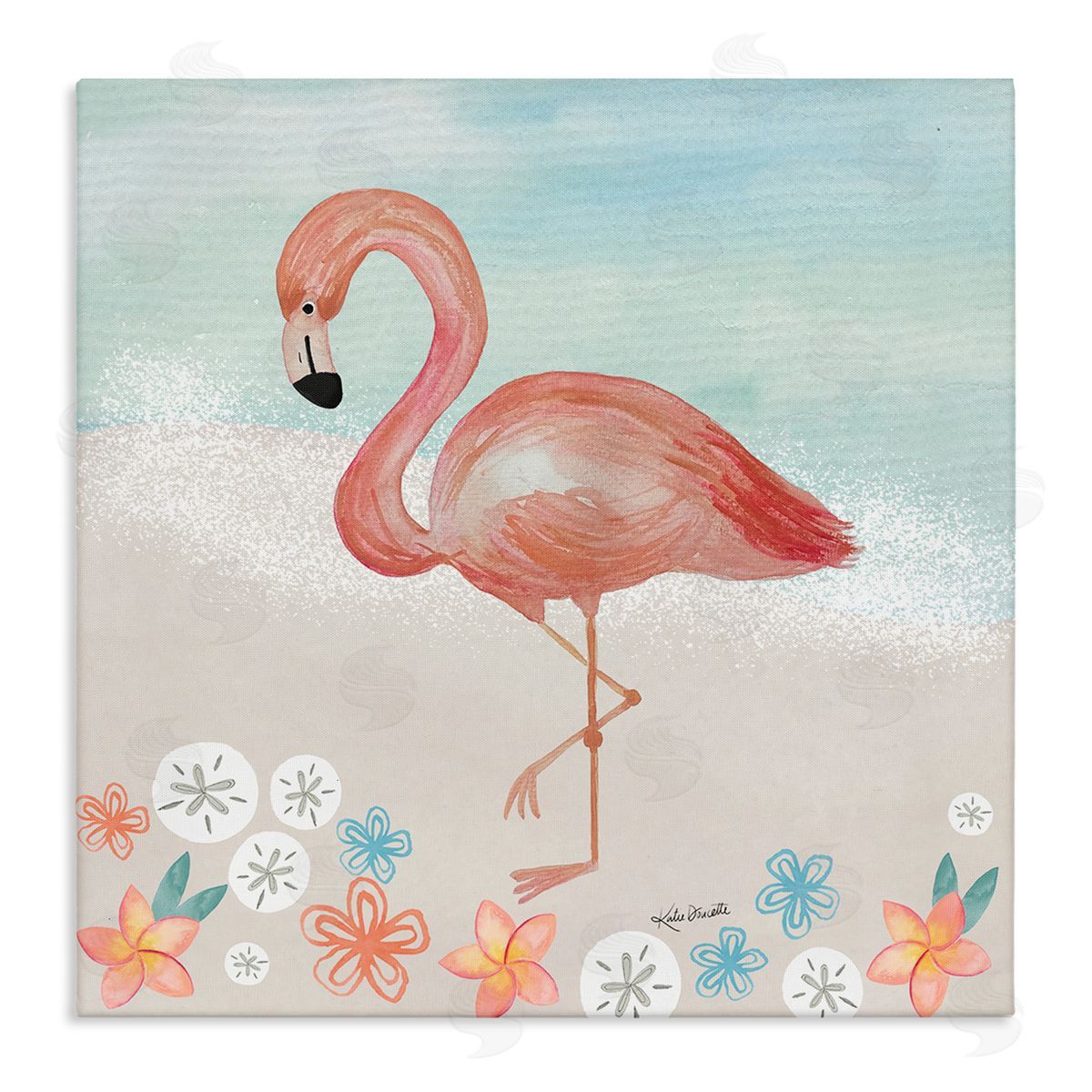 Katie Doucette Flamingo Standing Shoreline Various Sand Dollars Botanicals Stretched Canvas Wall Art Print