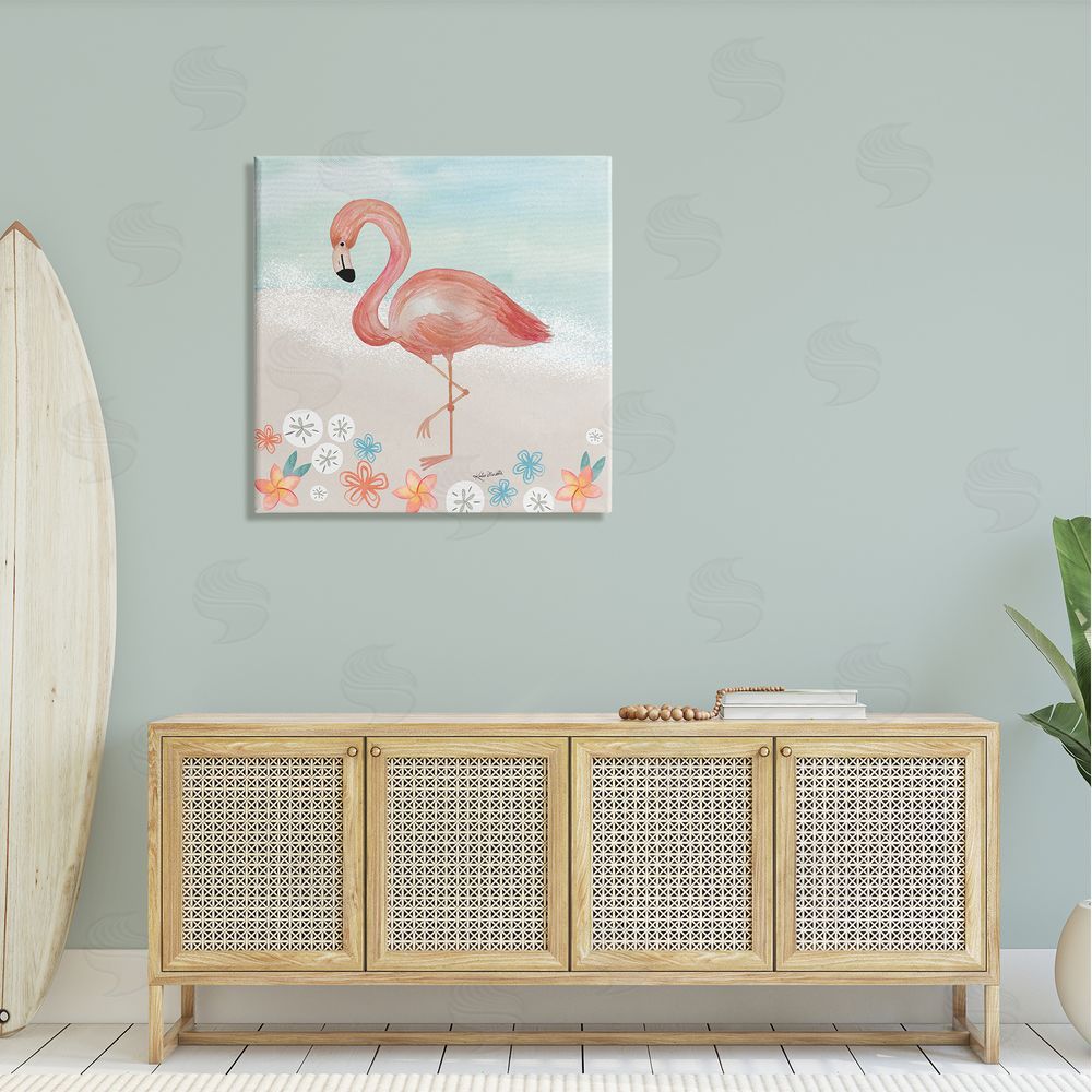 Katie Doucette Flamingo Standing Shoreline Various Sand Dollars Botanicals Canvas Wall Art in Room