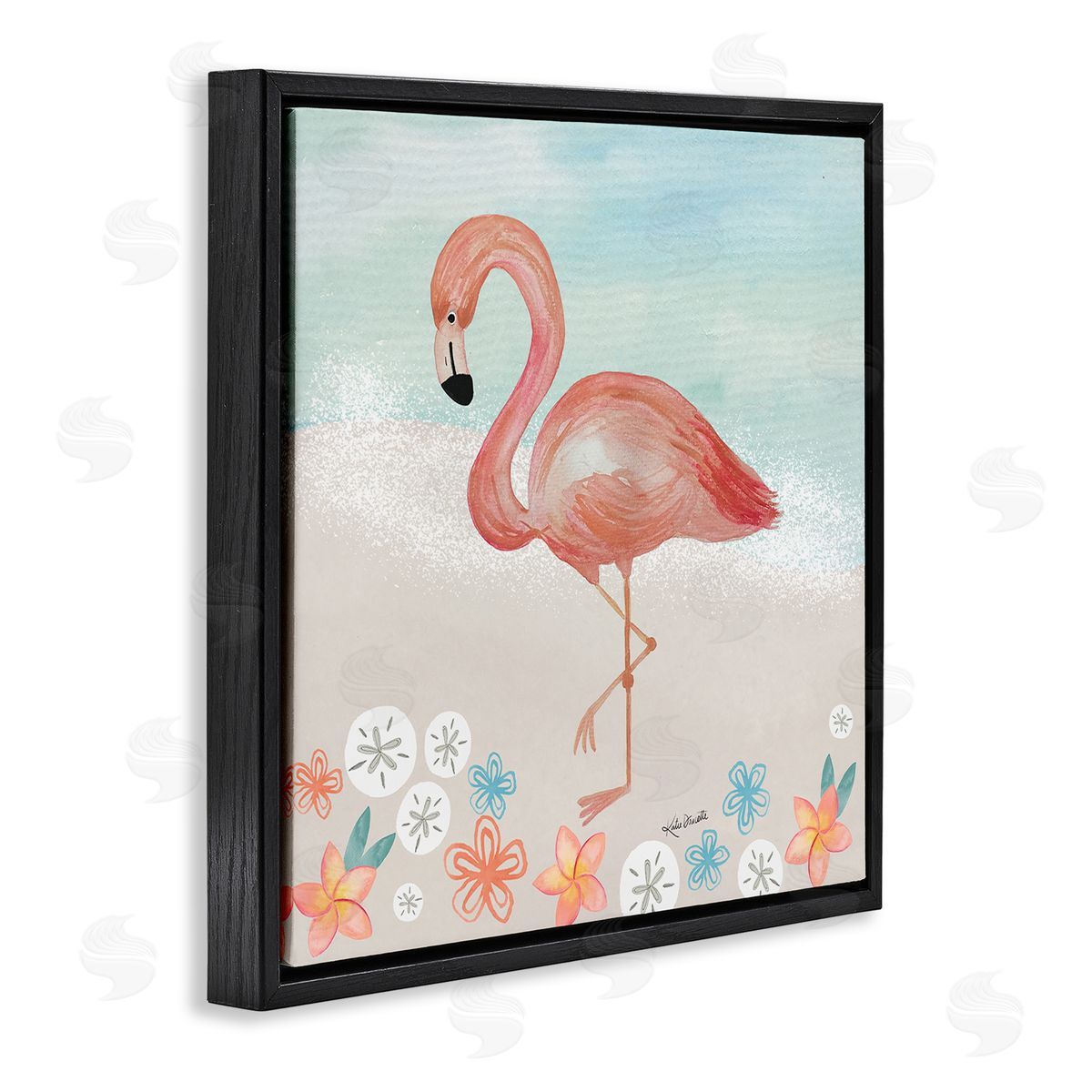 Katie Doucette Flamingo Standing Shoreline Various Sand Dollars Botanicals Black Floating Frame Canvas Wall Art Print