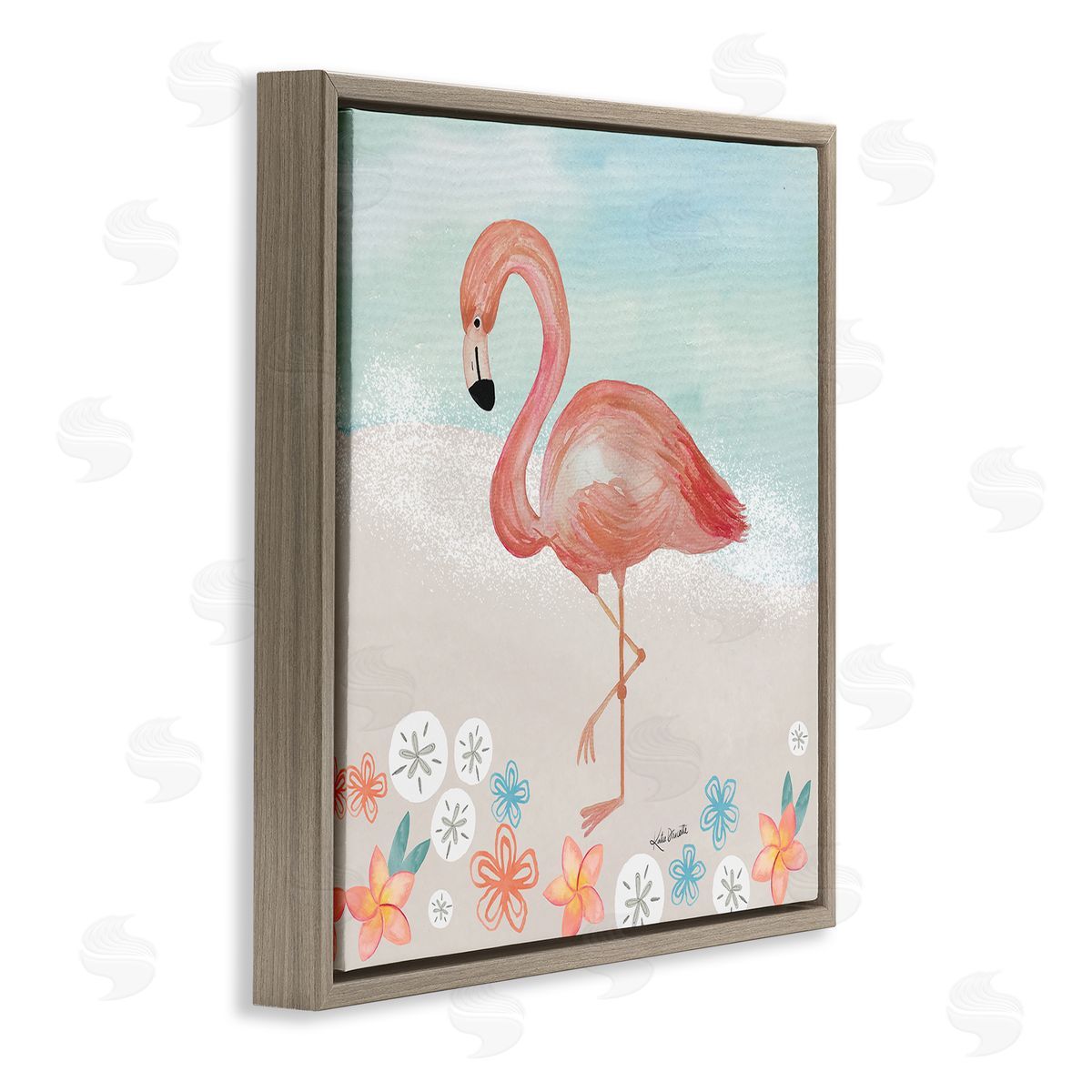 Katie Doucette Flamingo Standing Shoreline Various Sand Dollars Botanicals Brown Floating Frame Canvas Wall Art Print