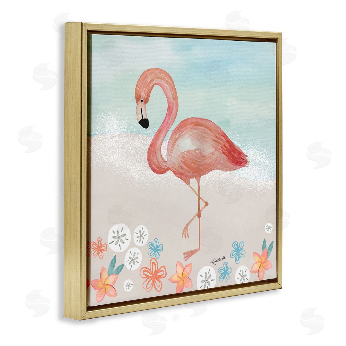 Katie Doucette Flamingo Standing Shoreline Various Sand Dollars Botanicals Gold Floating Frame Canvas Wall Art Print