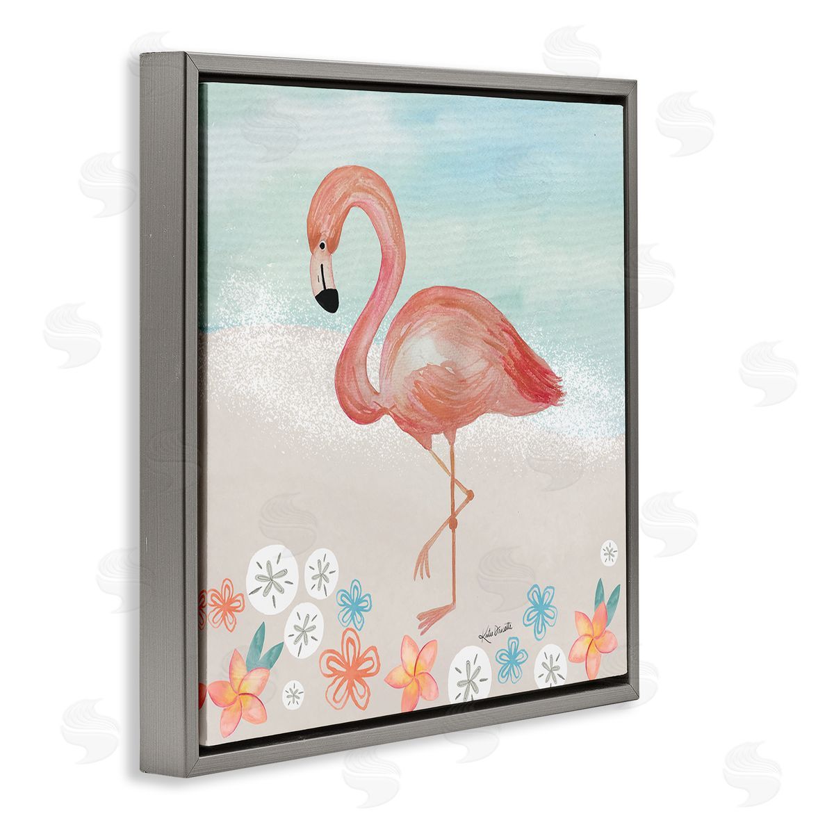 Katie Doucette Flamingo Standing Shoreline Various Sand Dollars Botanicals Gray Floating Frame Canvas Wall Art Print