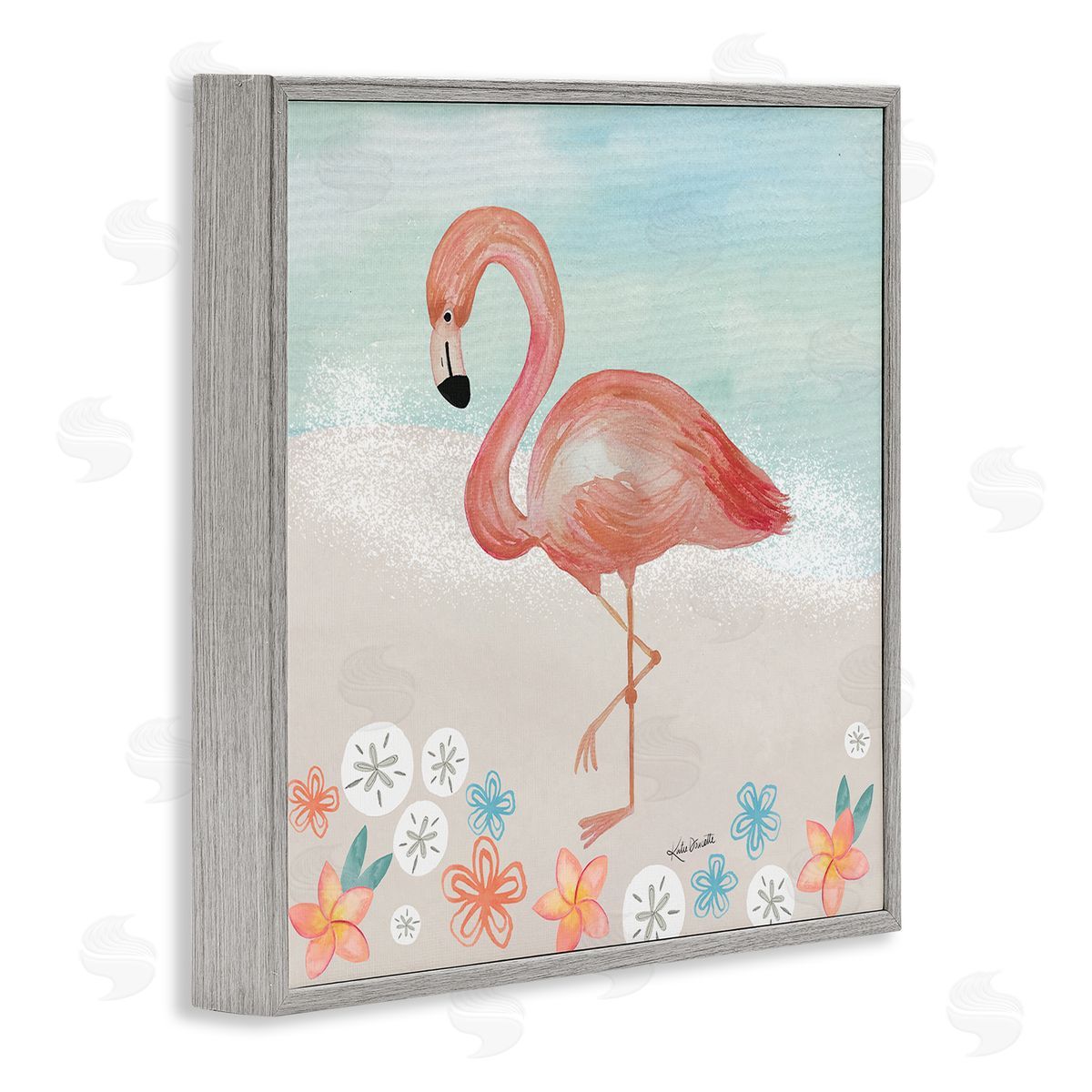 Katie Doucette Flamingo Standing Shoreline Various Sand Dollars Botanicals Gray Framed Glicee Wall Art Print