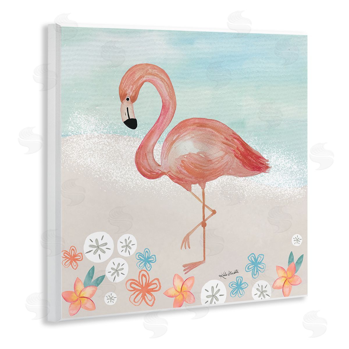 Katie Doucette Flamingo Standing Shoreline Various Sand Dollars Botanicals Wooden Wall Plaque Art Print